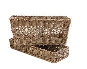 2 Woven Seagrass Basket Bins / Vintage Seagrass Storage Baskets / Woven Seagrass Tray / Woven Seagrass Tall Rectangle Basket