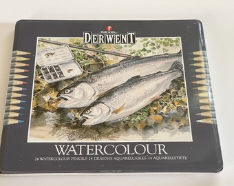 Vintage Rexel Derwent Watercp;pr Pencil Set of 24 in Original Tin / Professional Artist Watercolors Made in England.