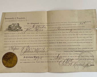 Ephemera Antique 1880 Naturalization document Pittsburgh Pennsylvania Allegheny County from Germany United States Citizenship.