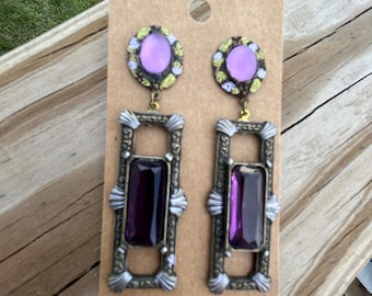 Banana bob art deco earrings with purple stones and painted flowers. 3 inches
