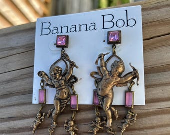 Banana Bob Cupid earrings with pink stones 3.25 inches long