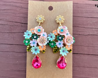Enameled bunch of flowers earrings with blue, pink, clear and fuchsia stones