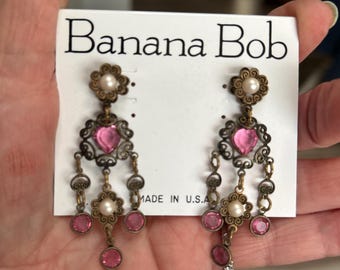 Banana Bob brass  fillagree earrings with pink stones. 3 inches.