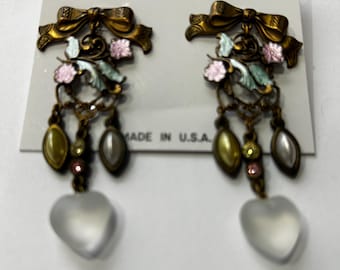 Banana Bob bow, enameled flower findings, pearl navettes, frosted puffy hearts, two stone connector earrings pale  pink and green enameling.