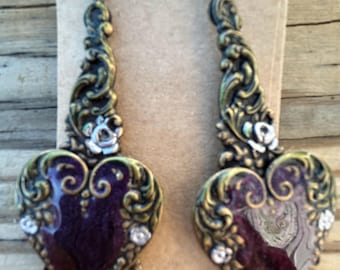 Banana Bob purple enameled heart earrings 3.5 inches