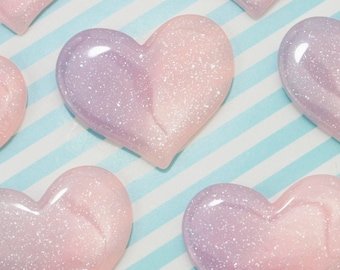 6x 36mm Juicy Glittery Heart Cabochons in Pink and Purple