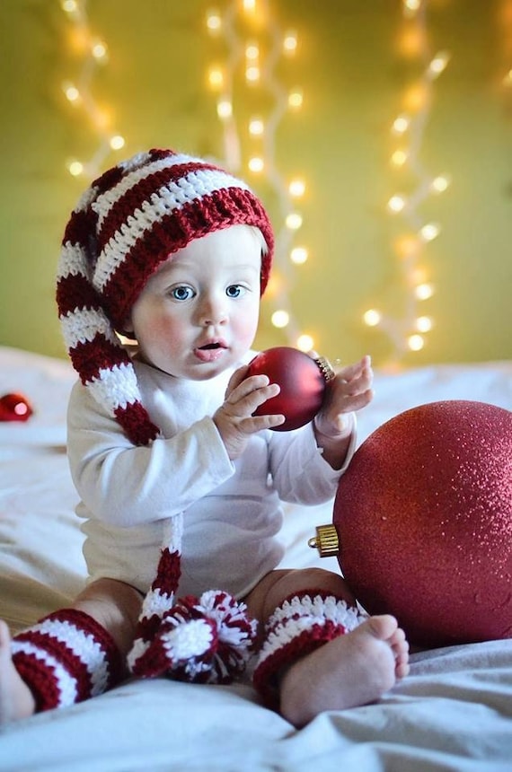 Baby's First Christmas Elf Hat and Leg Warmers – Holiday Photo Prop