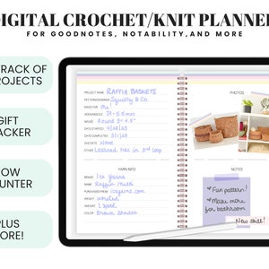 May include: Digital crochet/knit planner for GoodNotes, Notability, and more. Features include project tracking, gift tracker, and row counter. The planner displays project details, photos, and notes. The text in the image says "Fun pattern! Make more for bathroom. New skill!"