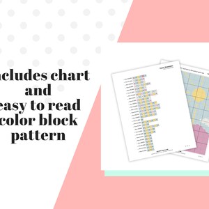 May include: A digital download of a cross stitch pattern featuring a sun, clouds, and a mountain range. The pattern includes a color block chart and a symbol chart.