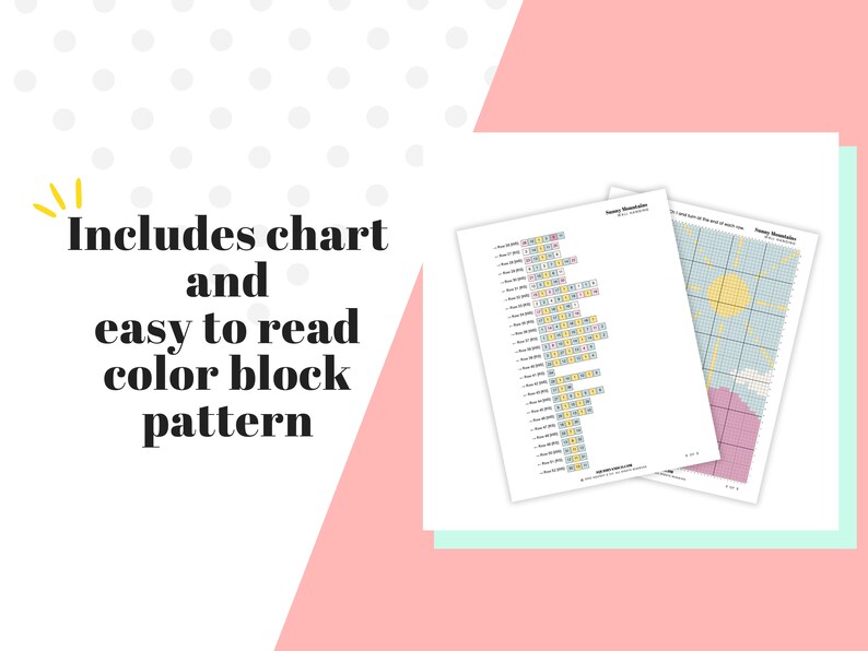 May include: A digital download of a cross stitch pattern featuring a sun, clouds, and a mountain range. The pattern includes a color block chart and a symbol chart.