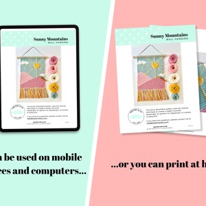May include: A digital and printable pattern for a wall hanging called "Sunny Mountains". The pattern features a colorful mountain landscape with a sun, clouds, and a rainbow. The pattern is available for download on mobile devices and computers, or can be printed at home.