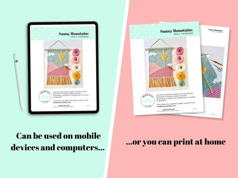 May include: A digital and printable pattern for a wall hanging called "Sunny Mountains". The pattern features a colorful mountain landscape with a sun, clouds, and a rainbow. The pattern is available for download on mobile devices and computers, or can be printed at home.