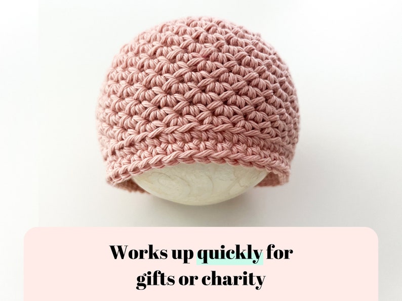 May include: A pink crocheted beanie hat, shown on a white form. The text "Works up quickly for gifts or charity" is below the hat.