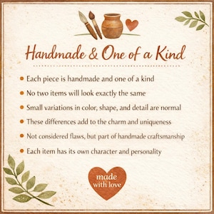 Puede incluir: Un letrero de estilo r&uacute;stico con el texto "Handmade & One of a Kind". Incluye un pincel, un peque&ntilde;o jarr&oacute;n y un coraz&oacute;n. El texto enfatiza la singularidad de cada art&iacute;culo hecho a mano, con "made with love" en la parte inferior.