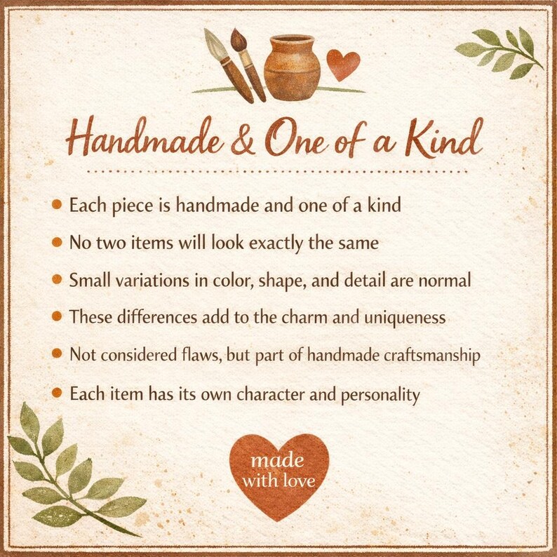 Puede incluir: Un letrero de estilo r&uacute;stico con el texto "Handmade & One of a Kind". Incluye un pincel, un peque&ntilde;o jarr&oacute;n y un coraz&oacute;n. El texto enfatiza la singularidad de cada art&iacute;culo hecho a mano, con "made with love" en la parte inferior.