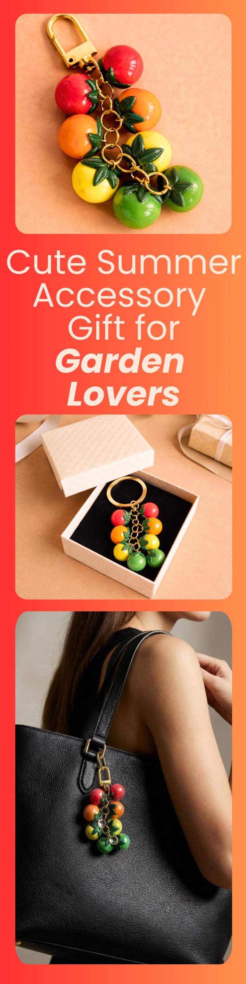 Puede incluir: Un llavero colorido con dijes de frutas rojas, naranjas, amarillas y verdes. Tiene un cierre y una cadena dorados. Tambi&eacute;n se muestra el texto "Cute Summer Accessory Gift for Garden Lovers".