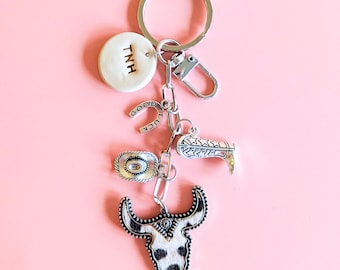 Personalized Cowboy Keychain Custom Initials Holiday Gift Idea For Bachelorette Party Rodeo Western Charm Monogram Bag Accessory Cow Print