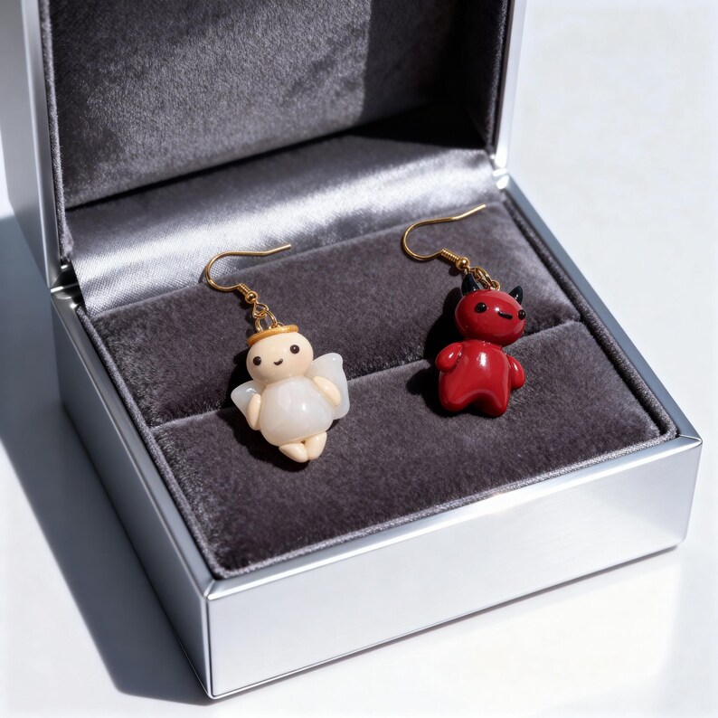 Pendientes colgantes de arcilla polimérica ligeros con ganchos dorados hipoalergénicos. Pendientes de ángel y demonio desiguales. Joyería hecha a mano. Regalo para ella. imagen 6