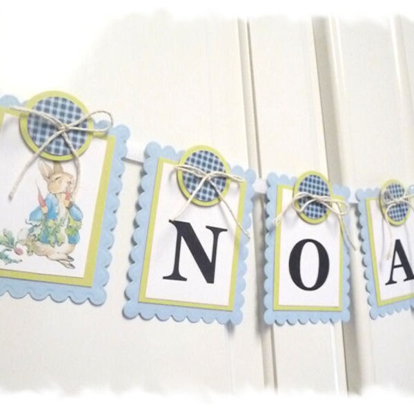 PETER RABBIT Nursery Banner - Child Name Banner - Beatrix Potter Nursery / Shower Theme - Baby Blue and Spring Moss Green Color Scheme