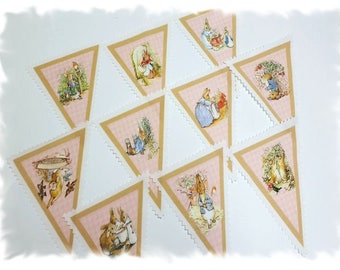 Peter Rabbit Story Bunting Panels - Linen Canvas - DIY Nursery Bunting - Pink, Blue, Moss or Lavender - Fat Quarter / Precut