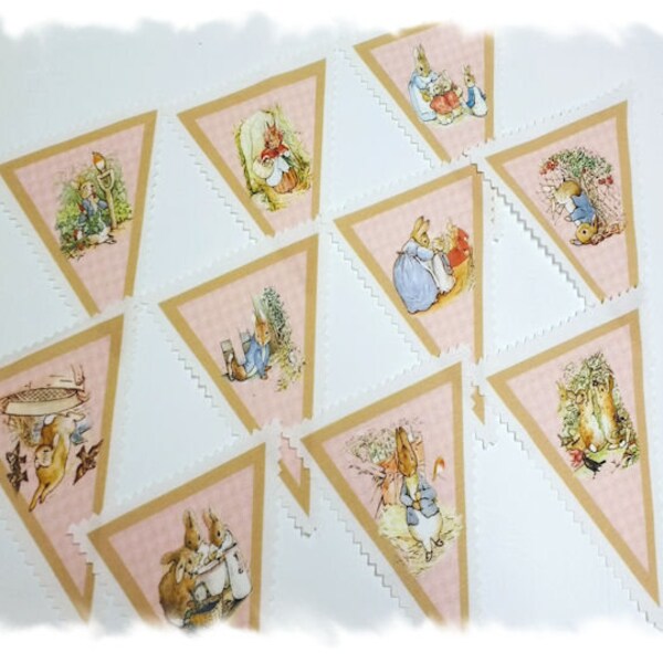 Peter Rabbit Story Bunting Panels - Linen Canvas - DIY Nursery Bunting - Pink, Blue, Moss or Lavender - Fat Quarter / Precut