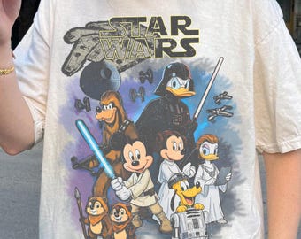 Retro Disney Star Wars Shirt, Gift for Disney Fans, Sci-Fi Cartoon Graphic Tee, Family Vacation Outfit, Retro Mickey and Friends Jedi Tee