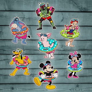 May include: A collection of seven cartoon character stickers featuring Eeyore, Boba Fett, a girl, Piglet, Pluto, Mickey Mouse, and Minnie Mouse. Each character wears swimming goggles and a colorful inflatable pool float with the word NAME printed on it.