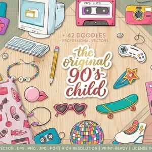 Puede incluir: Una colección de garabatos de los años 90, que incluyen una computadora, una cinta de cassette, una cámara y un patín. La frase "the original 90's child" se muestra en una fuente decorativa. Otros elementos incluyen una patineta, gafas de sol en forma de corazón y un radiocasete.