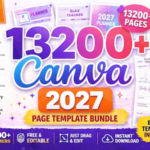 Puede incluir: Un paquete digital de más de 13200 plantillas de página de Canva para planificadores de 2027, con varios diseños como rastreadores de hábitos, diarios y objetivos. El gráfico incluye degradados morados y azules e iconos de estrellas.
