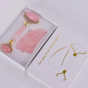 Self-Love Rose Quartz Gua Sha & Facial Roller Set-Crystal Skincare Ritual Gift, Lymphatic Massage, Glow, Energy Healing, Self-Care