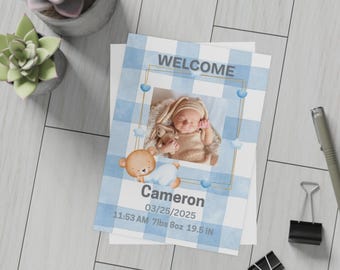 Baby Boy Birth Announcement with Photo-Light Blue Gingham Printable-Personalized Digital Newborn Stats Card