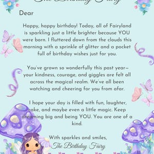 Carta imprimible de cumpleaños mágica de hada / Nota de cumpleaños personalizada de hada del cumpleaños / Descarga instantánea