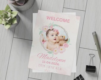 Floral Baby Girl Birth Announcement with Photo-Blush & Neutral Digital Printable-Personalized Newborn Stats Card