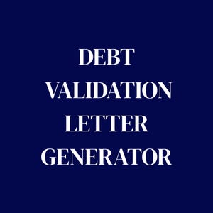 Könnte beinhalten: Weißer Text auf dunkelblauem Hintergrund. Der Text lautet "DEBT VALIDATION LETTER GENERATOR". Die Schriftart ist sauber und serifenlos, zentriert auf dem Bild. Das Design ist schlicht und direkt.
