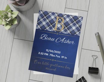 Monogram Baby Boy Birth Announcement-Classic Plaid Digital Print-Navy & Gold-Baby Stats Card-Personalized Keepsake