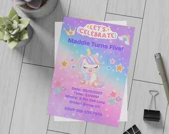 Three Magical Years  Unicorn Birthday Invitation-Personalized 2nd Birthday Girl Party Invite-Custom Digital File-Evite