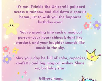 Unicorn Birthday Letter from Twinkle | Printable Magical Birthday Note for Kids | Instant Download