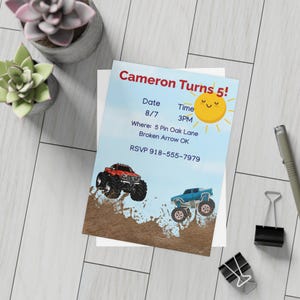 Lot de cartes postales d'anniversaire Monster Truck, faire-part 5e anniversaire, cartes postales de fête d'anniversaire, cartes d'anniversaire pour enfants avec enveloppes
