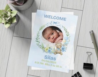 Blue Floral Teddy Bear Birth Announcement-Baby Boy Photo Printable-Digital Newborn Keepsake
