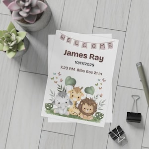 Safari Birth Announcement-Jungle Animals Digital Printable-Personalized Newborn Stats Card-Baby Keepsake-Gender Neutral