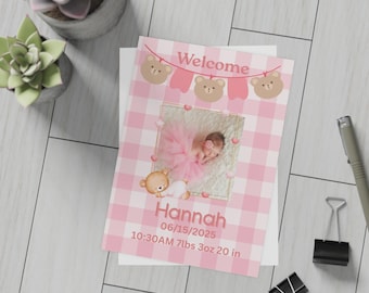 Pink Gingham Teddy Bear Birth Announcement-Baby Girl Photo Keepsake-Custom Digital Wall Art