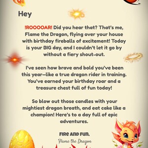 May include: A birthday-themed graphic with the text "Flame the Dragon." The image features a cartoon dragon, an egg, flames, and text that reads "Hey" and "Fire and Fun." The overall design is colorful and celebratory.