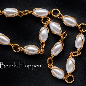 Vintage Beaded Chain with White Faux Pearls, Beaded Chain, Gold Plated Pearl Chain, Sold by Linear Foot
