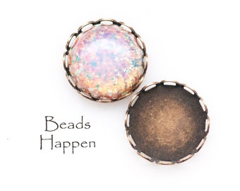 15mm Round Lace Settings for Cabochons Cabs Flat Back Stones, Antiqued Brass Plating Over Brass, Quantity 2