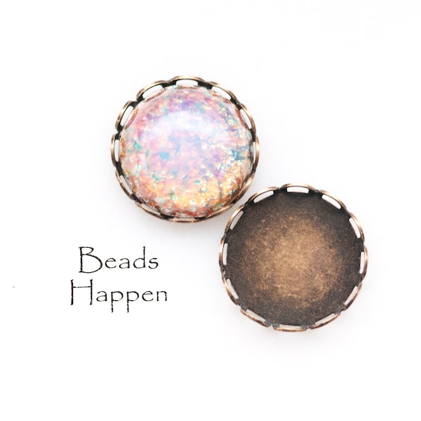 15mm Round Lace Settings for Cabochons Cabs Flat Back Stones, Antiqued Brass Plating Over Brass, Quantity 2