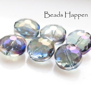 14mm Faceted Black Diamond AB Glass Beads, Gray, AB finish, Faceted Glass Coin Beads, Quantity 6