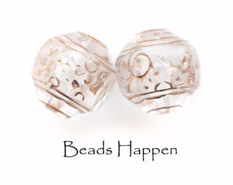 15mm Beads, Clear Beads with Impressed Intricate Pattern with Gold Recesses, Carved Resin Beads, Quantity 2