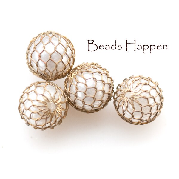 Vintage 12mm White Pearl Caged Beads, Netted Beads, White Round Pearl Resin Beads in Brass Mesh, Wire Netting, Meshing, Quantity 4