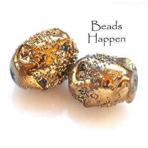 18x14mm Irregular Nugget Golden Glass Beads, Chunky Beads, Bubbly, organic, Lava Inspired, Textured, Quantity 2