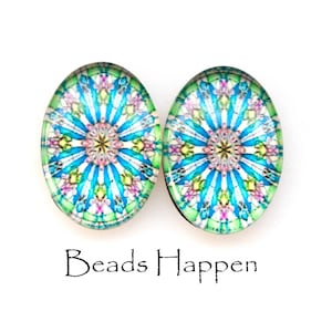 18x13mm Psychedelic Hipster Blue Floral Oval Glass Cabochons, Clear Decal Stones, Stained Glass Look, Blue Yellow Pink, Quantity 2